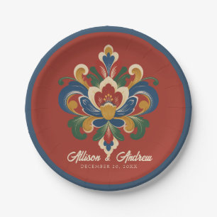 Norwegian Rosemaling Red Wedding Paper Plate