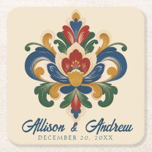 Norwegian Rosemaling Wedding Square Paper Coaster