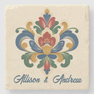 Norwegian Rosemaling Wedding Stone Coaster