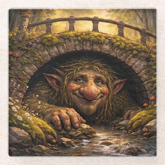 Norwegian Troll Hiding Under Bridge, Glass Coaster (Front)