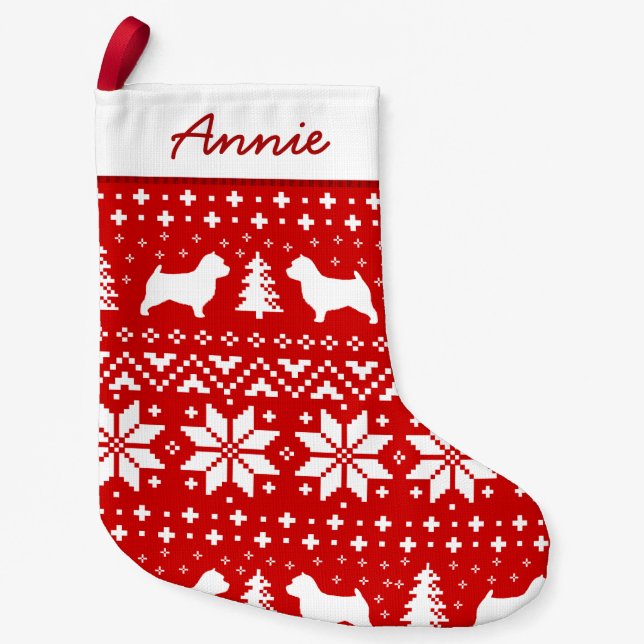 Norwich Terrier Silhouettes Holiday Pattern Cute Small Christmas Stocking (Front)