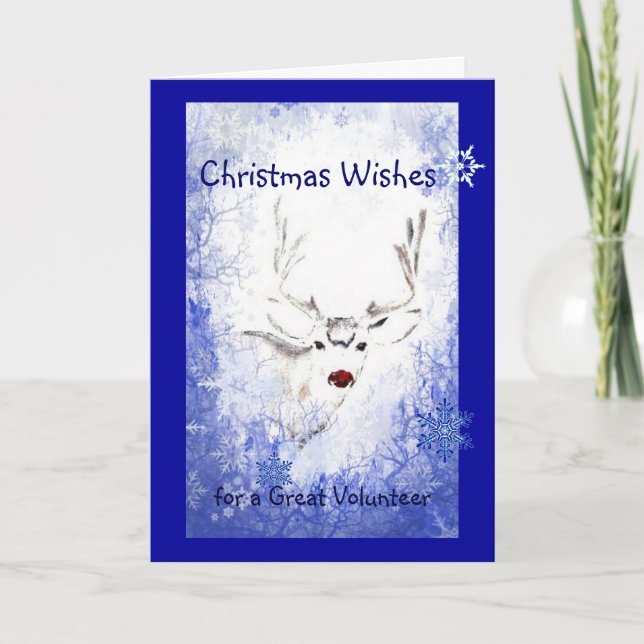 Nose Humour Reindeer, Snowflakes Volunteer Holiday Card (Front)