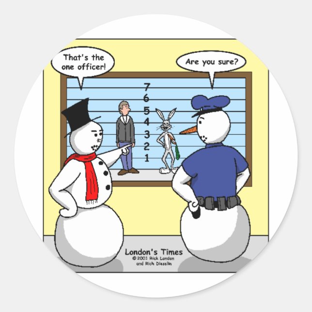 Noseless Snowman Bunny Suspect Gifts & Tees Classic Round Sticker (Front)