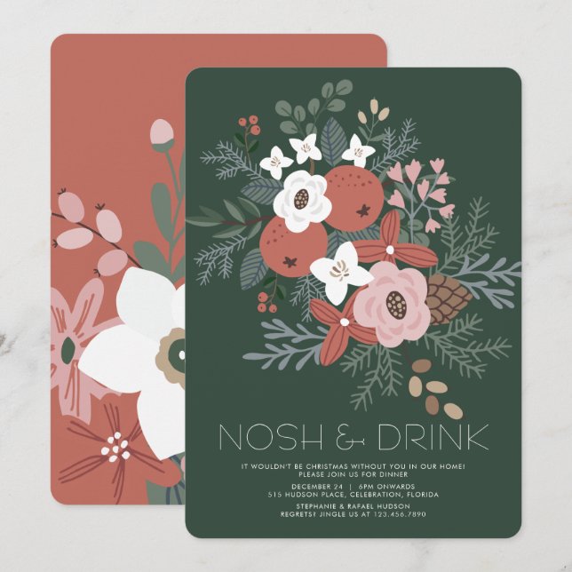 Nosh & Drink Christmas Foliage Dinner Holiday Card (Front/Back)