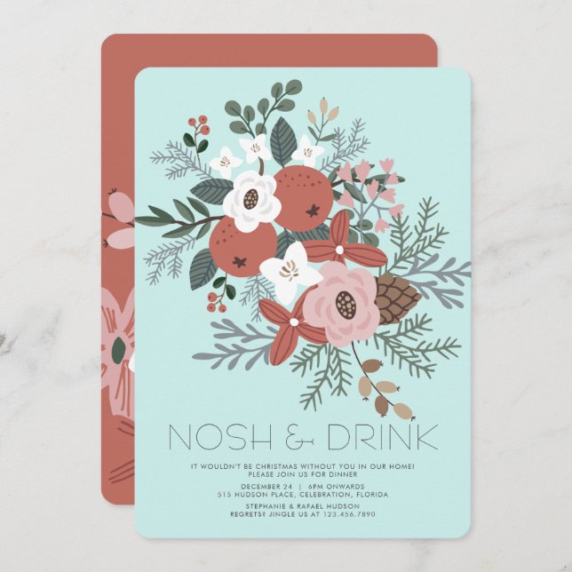 Nosh & Drink Christmas Foliage Dinner Holiday Card (Front/Back)