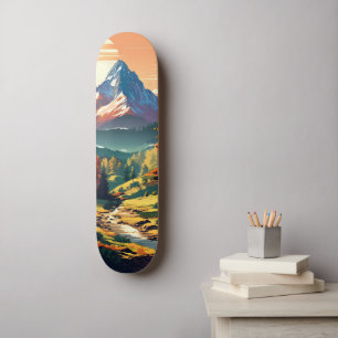 Nostalgic Anime Style Mountain Scene Skateboard