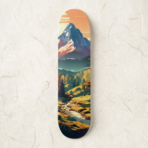 Nostalgic Anime Style Mountain Scene Skateboard