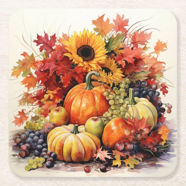Nostalgic Autumn Colours: Foliage and Florals Square Paper Coaster (Front)