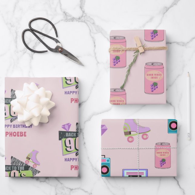Nostalgic Back to the 90s Retro Birthday Wrapping Paper Sheet (Front)