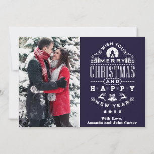 Nostalgic blue Christmas Greetings Vertical Photo Holiday Card