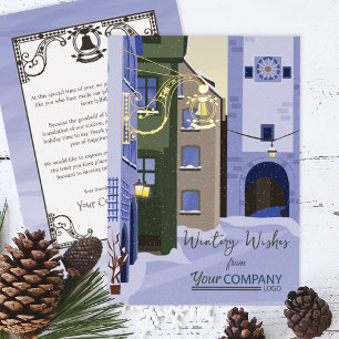 Nostalgic Blue Gold Christmas with Company Logo Foil Holiday Card