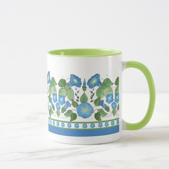 Nostalgic Blue Morning Glory Floral Border, White Mug (Right)