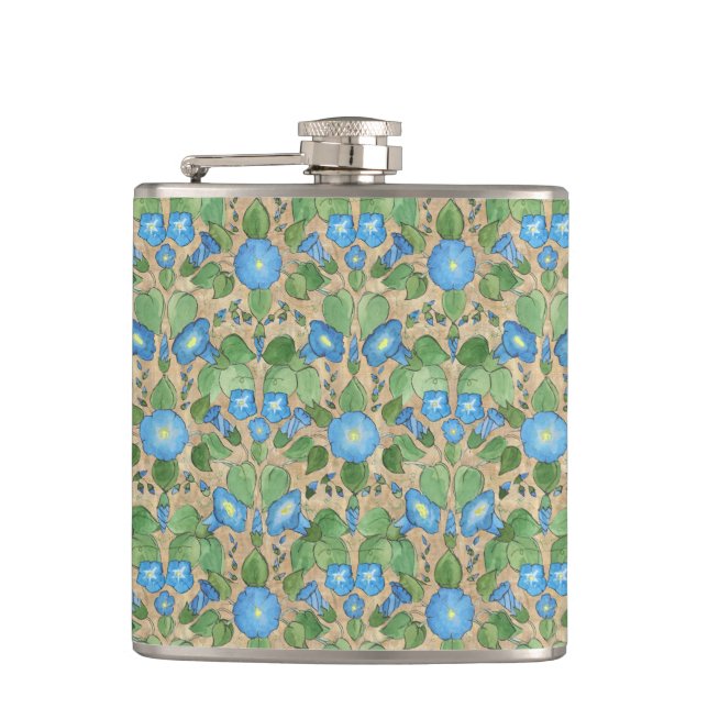 Nostalgic Blue Morning Glory Hip Flask (Front)
