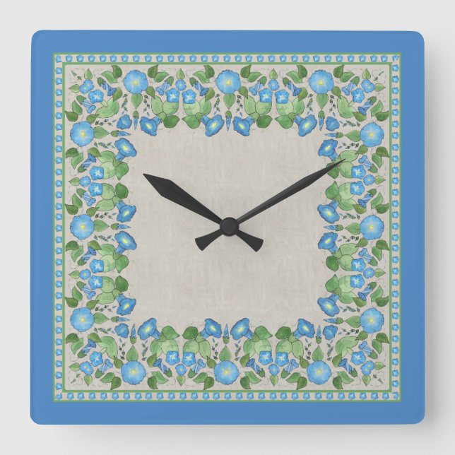 Nostalgic Blue Morning Glory Square Wall Clock (Front)