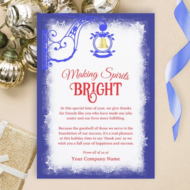 Nostalgic Blue, Red, Gold Bell Holiday Card (bright blue and red company holiday card, red and blue company colors, office christmas cards)
