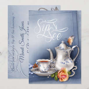 Nostalgic Blue Tea Party Sip and See Baby Shower Invitation