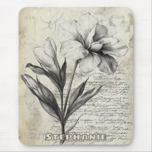 Nostalgic Brown Flower Sketch Antique Paper Mouse Mat