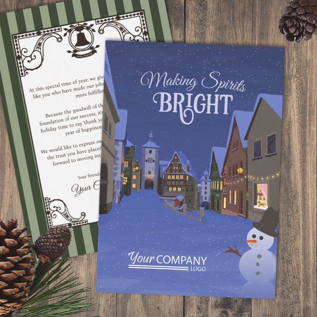 Nostalgic Business Logo Christmas Lights Blue Holiday Card (Nostalgic Christmas Lights Company Holiday Greeting Cards Blue Rothenburg, German, old Bavarian Town)