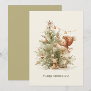 Nostalgic Christmas Boy Watercolor Tree Holiday Card