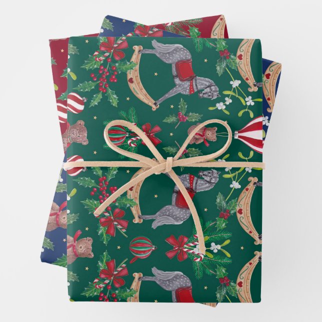 Nostalgic Christmas Rocking Horse Bear Festive  Wrapping Paper Sheet (In situ)