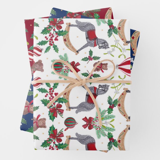 Nostalgic Christmas Rocking Horse Bear Festive  Wrapping Paper Sheet (In situ)