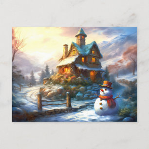 Nostalgic Christmas Snowman   Vintage Cottage Invitation Postcard