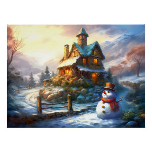Nostalgic Christmas Snowman Vintage Cottage Poster