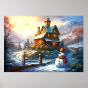 Nostalgic Christmas Snowman Vintage Cottage Poster