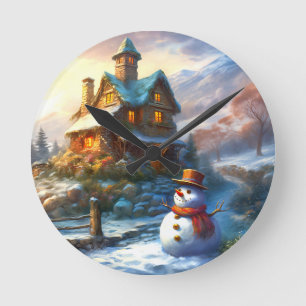 Nostalgic Christmas Snowman Vintage Cottage Round Clock