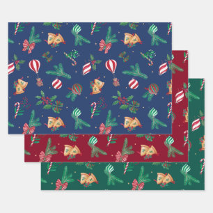 Nostalgic Christmas Teddy Bears Baubles Holly Bows Wrapping Paper Sheet