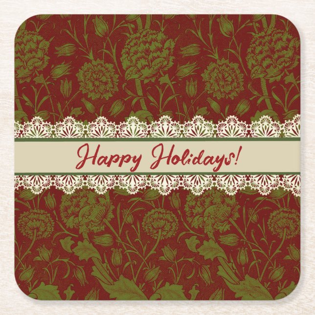 Nostalgic Classic William Morris Red Holiday  Square Paper Coaster (Front)