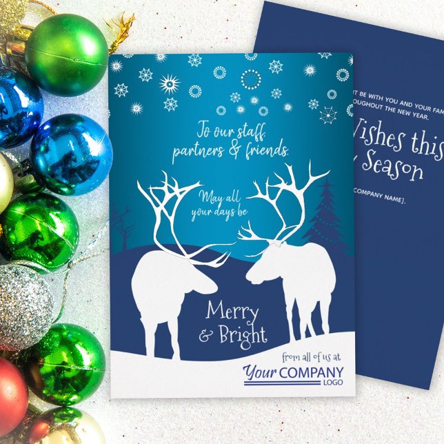 Nostalgic Company Logo Blue Reindeer Christmas Foil Holiday Card (teal indigo royal navy blue rustic reindeer antlers snow company holiday Christmas greeting card)