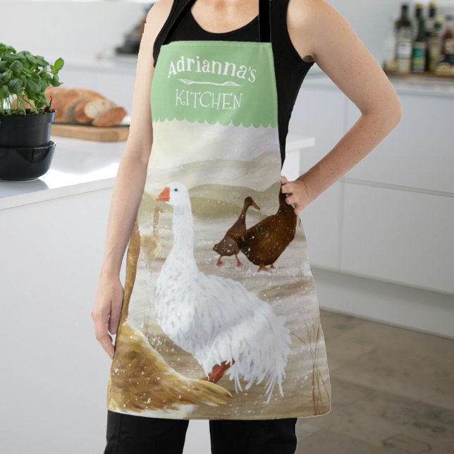 Nostalgic Farm Geese Personalised Green Apron (light green kitchen apron with geese, white & brown wild geese, personalized cooking apron with name)