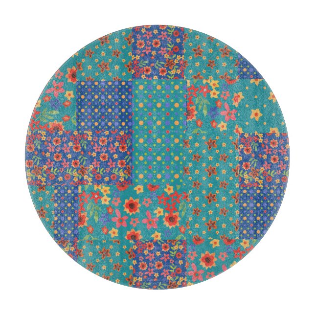 Nostalgic Faux Patchwork Round Glass Cutting Board (Front)