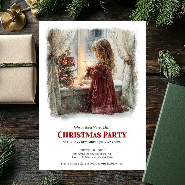 Nostalgic girl awaits Santa digital Christmas  Invitation (Nostalgic girl awaits Santa digital Christmas invite)