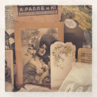 Nostalgic Glamour: Vintage Russian Portraits. Glass Coaster