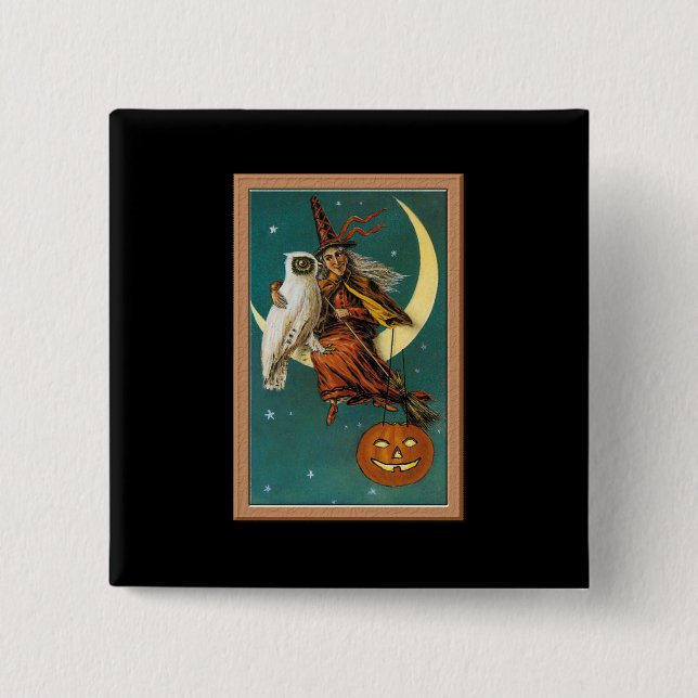 Nostalgic Happy Halloween Witch & Owl 15 Cm Square Badge (Front)