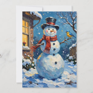 Nostalgic Happy Snowman with Bluebird Winter Scene Holiday Card