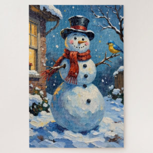 Nostalgic Happy Snowman with Bluebird Winter Scene Jigsaw Puzzle