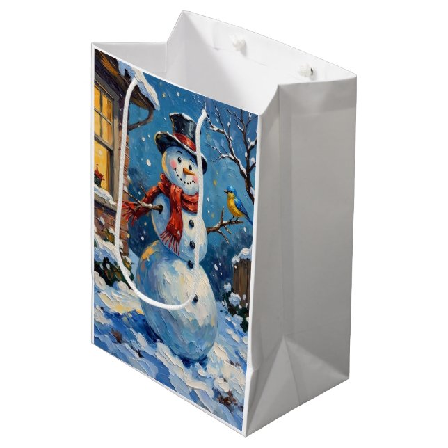 Nostalgic Happy Snowman with Bluebird Winter Scene Medium Gift Bag (Front Angled)