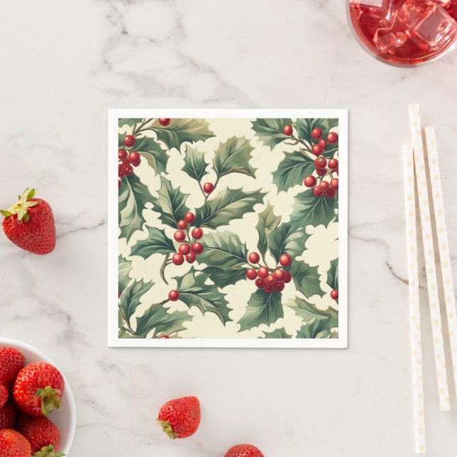Nostalgic Holiday Holly Berries Pattern Découpage Napkin (Insitu)