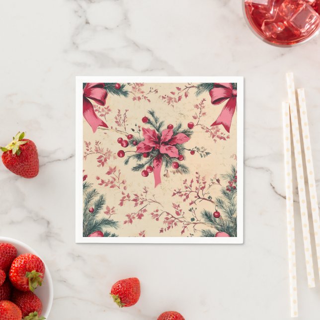 Nostalgic Holiday Pink Bows & Berries Découpage Napkin (Insitu)