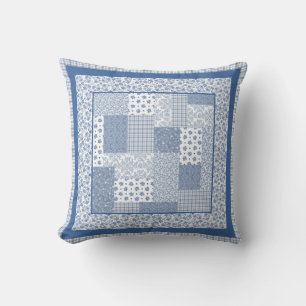 Nostalgic Indigo Blue and White Faux Patchwork Cushion