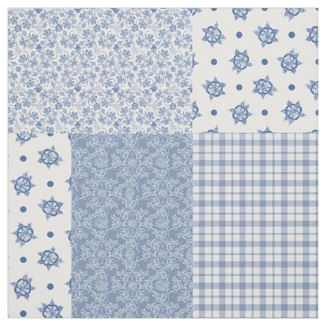 Nostalgic Indigo Blue Faux Patchwork Fabric (Swatch)