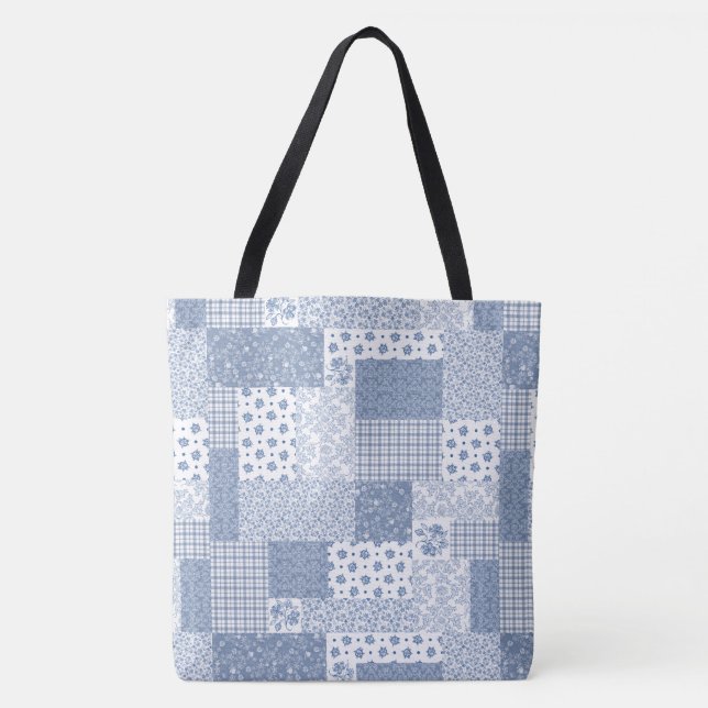 Nostalgic Indigo Blue White Faux Patchwork Pattern Tote Bag (Front)
