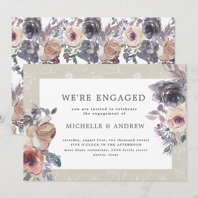nostalgic indigo blush floral engagement invitation (Front/Back)