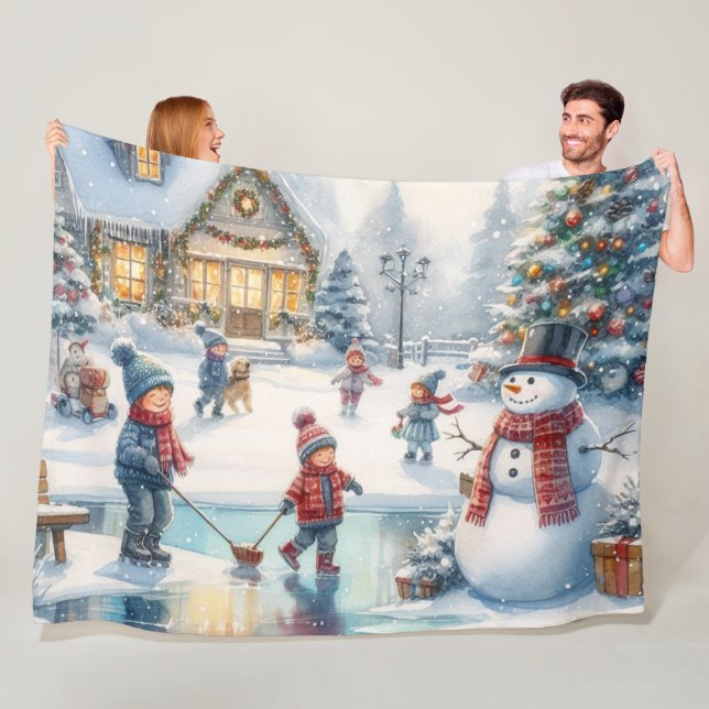 Nostalgic Kids Skating  Christmas Fleece Blanket (In Situ)