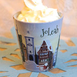 Nostalgic Light Blue Bavaria Christmas Coffee Latte Mug<br><div class="desc">Light blue, pine tree green, rustic brown Bavarian Christmas Village is beautiful with your personalised name or message. Folk-art German town is versatile for company holiday gifts. Perfect for a winter themed, customised gift. Light blue is perfect for a winter blue theme. Nostalgic German old town with shops and snowman...</div>