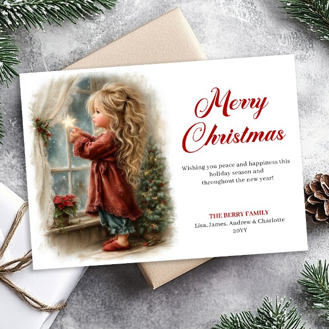 Nostalgic little girl awaiting Santa download Xmas Holiday Card (Nostalgic little girl awaiting Santa download Xmas Holiday Card)