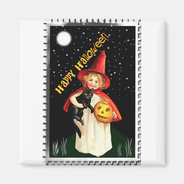 Nostalgic Little Girl, Jack-o’-lantern and Cat Magnet (Front)